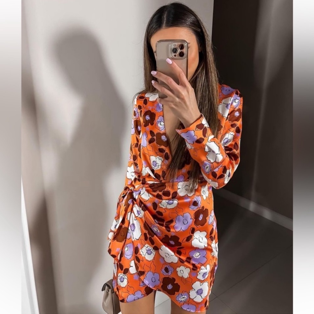 Zara Orange Floral Long Sleeve Satin Plunging Wrap Mini Dress
